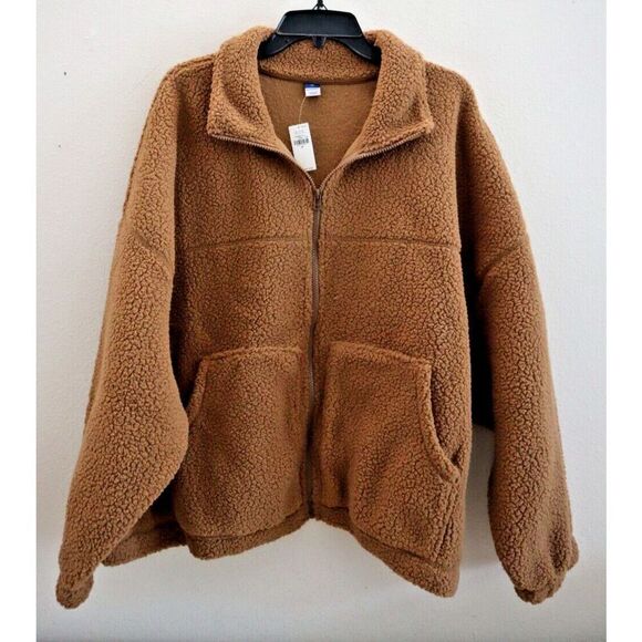 Old Navy Women's Sz 2X Braised Tofu Brown Slouchy Sherpa Full Zip Jacket - Picture 1 of 8